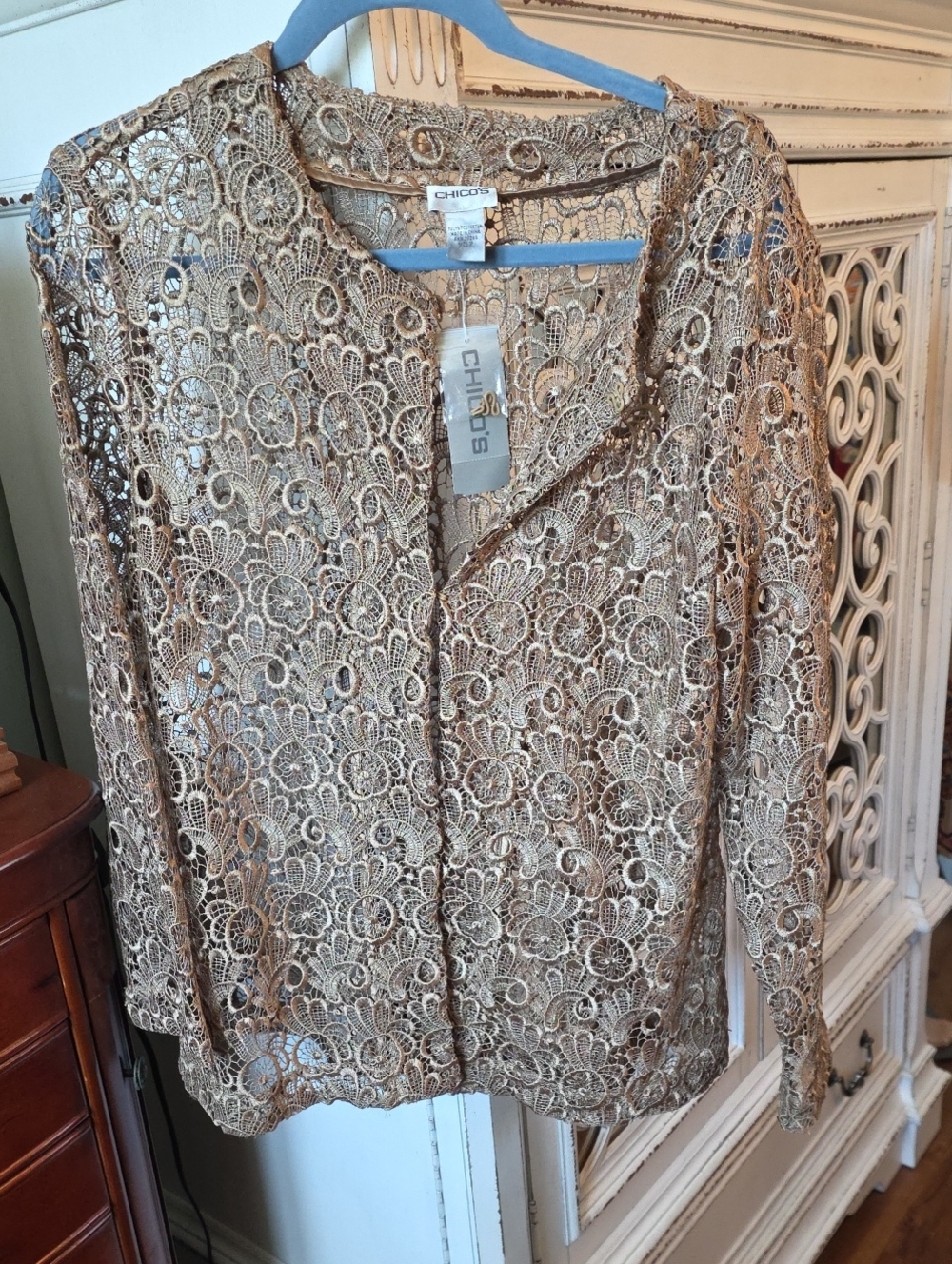 NWT Chico's Gold Metallic Floral Lace Evening Cocktail Jacket Blazer Sz 2 /US 12